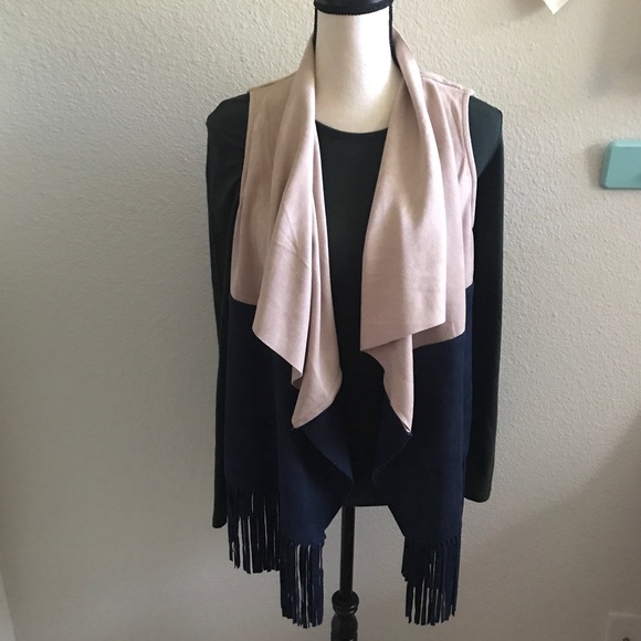 🌵 Micro Suede Tan + Navy Boho Western Fringe Vest - Picture 3 of 7